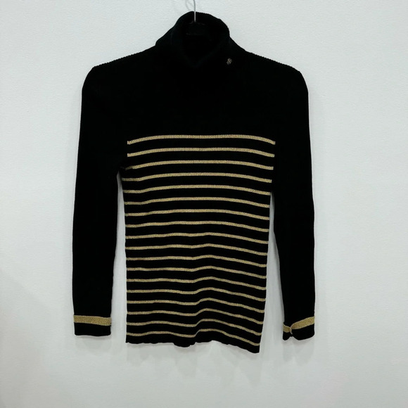 Lauren Ralph Lauren Striped TurtleNeck Sweater black & gold Sz Medium - Picture 1 of 6